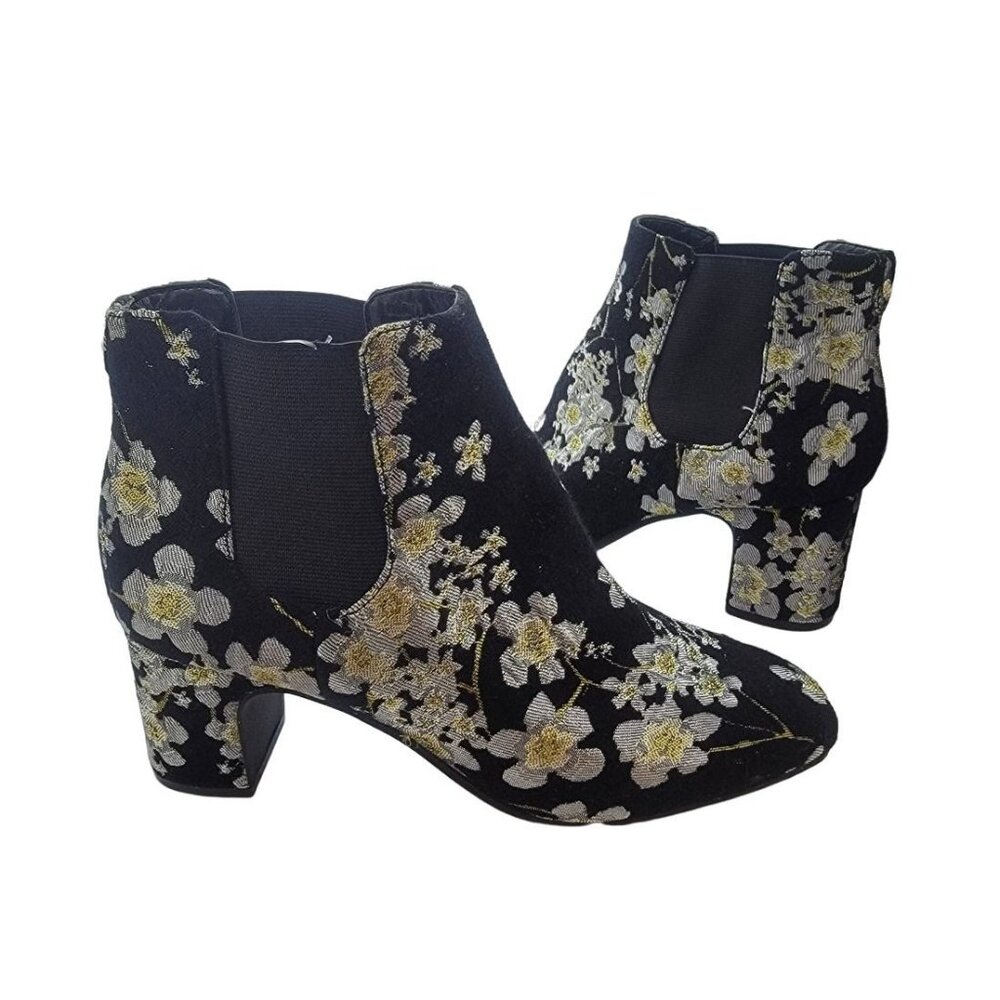 ✨✨✨Ann Klein 7 Women's Gorgia Chelsea bootie boots Black Silver floral roses New